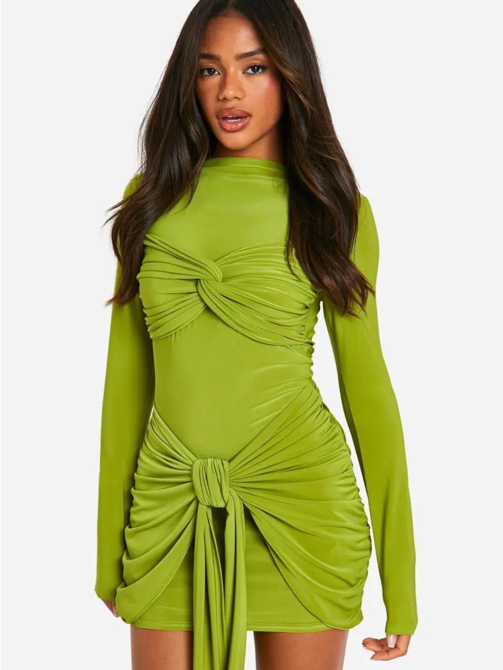 Boohoo Olive Green Long Sleeve Twist-Front Mini Dress
